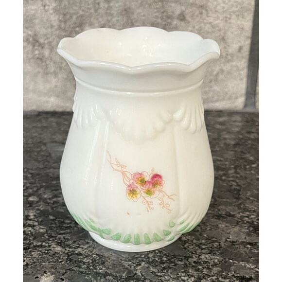 Vintage White Milk Glass Vase with Hand Painted Pink & Yellow Floral Motif - Picture 3 of 6